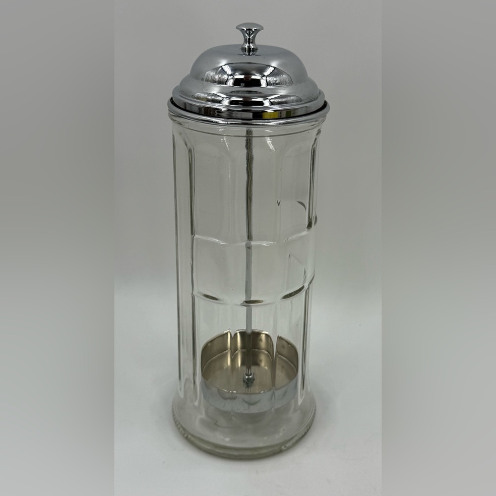 Straw Dispenser 11 Inch Vintage Heavy TableCraft Paneled Clear Glass Metal Lift